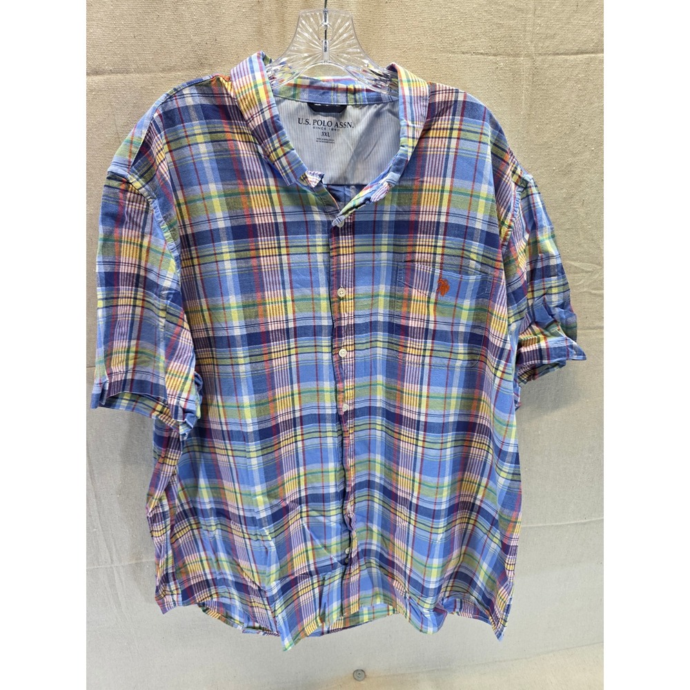 US Polo Assn Men 3XL Multicolor Plaid Short Sleeve Button Down Shirt Logo Pocket